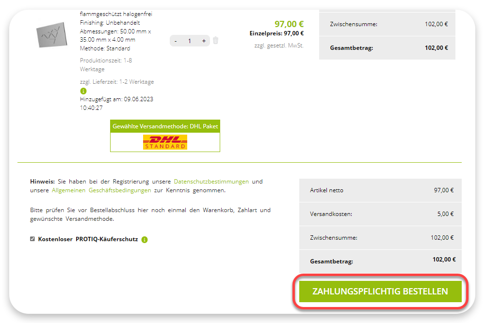 Screenshot von protiq.com: Bestellprozess schließt man im Warenkorb ab